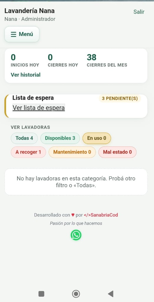 Gestión de lavadoras y lista de espera en Lavandería Nana