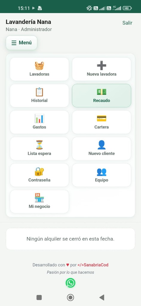 Menú principal de Lavandería Nana con accesos a módulos administrativos