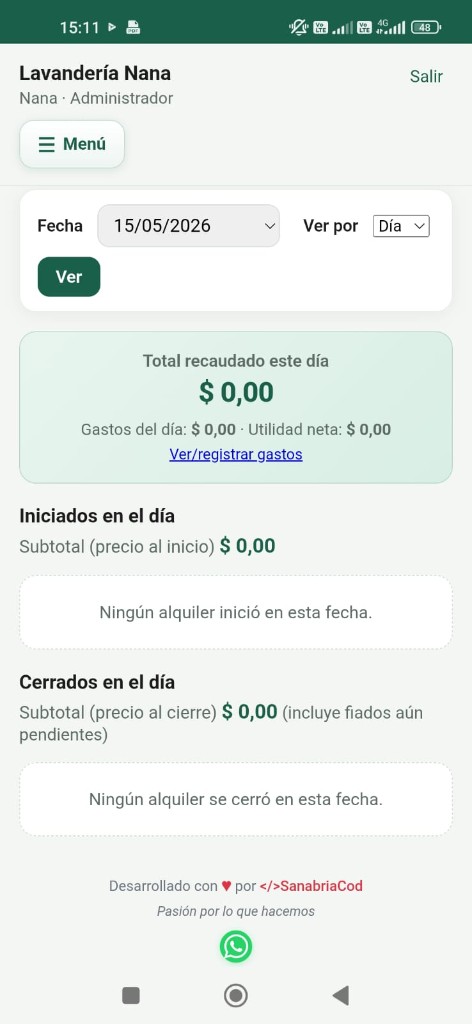 Módulo de recaudo diario de Lavandería Nana con totales y utilidad neta